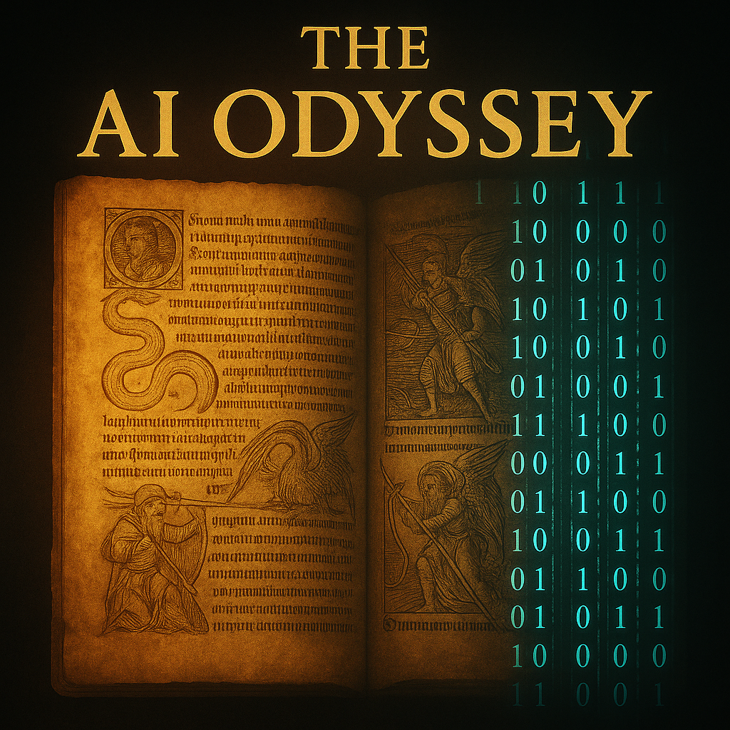 The AI Odyssey Podcast logo — a futuristic design representing artificial intelligence, consciousness, and human evolution, part of The SpaceyVerse metaphysical science network.